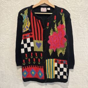 VTG 90s Cardigan Sweater JP Williams Wearable Art Patchwork Artsy Bright Funky L